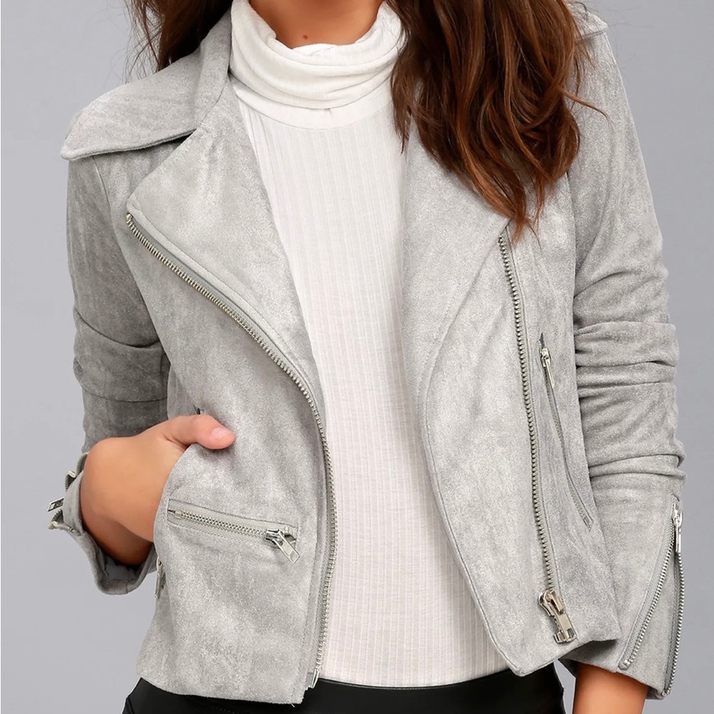 Lulus Suede with Love Light Grey Suede Moto Jacket pockets zip up Size L